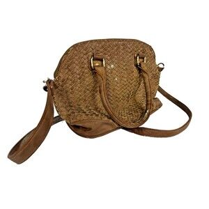 Deux Lux Woven Brown Faux Leather Satchel Bag Crossbody Purse Distressed